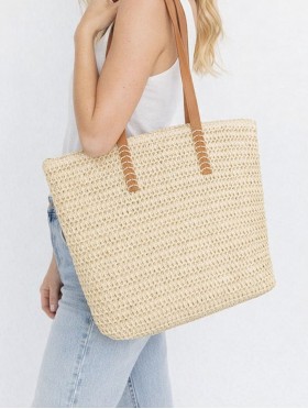 Fashion Weaved Straw Bag W/ Faux Leather Handle